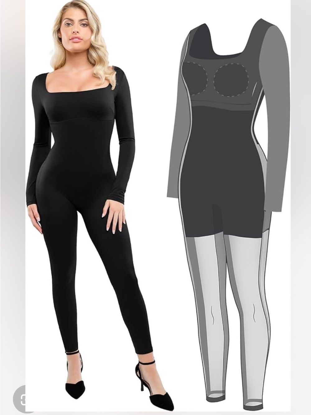 NWT Popilush Long-Sleeve Black Shaping Jumpsuit with Square Neck